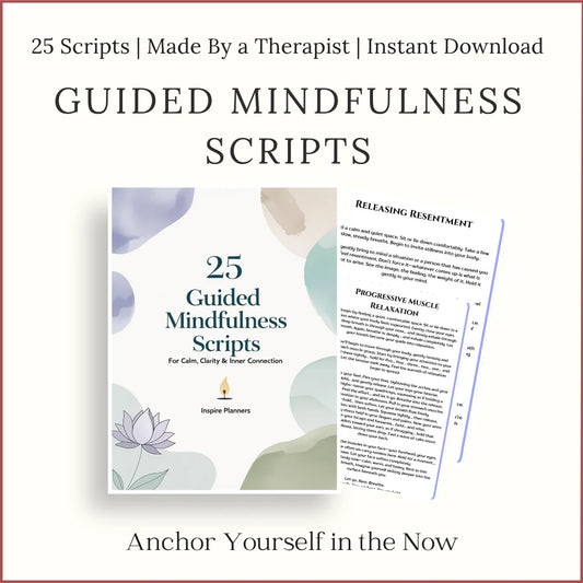 25 Guided Mindfulness Scripts cover with sample script pages for calm, clarity, and inner connection.