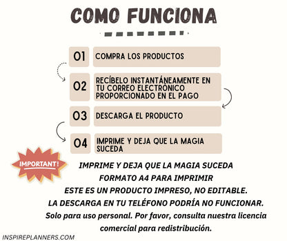 Cómo funciona - Pasos para descargar y usar las hojas de trabajo para reducir la ansiedad en español, formato A4 imprimible.