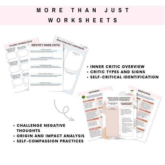 Printable inner critic worksheets with self-compassion practices, grounding techniques, and exercises to challenge negative thoughts.