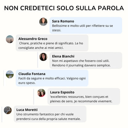 Sei testimonianze sui materiali di Inspire Planners, con commenti sulla riflessione personale, sul journaling e sulla facilità d’uso.