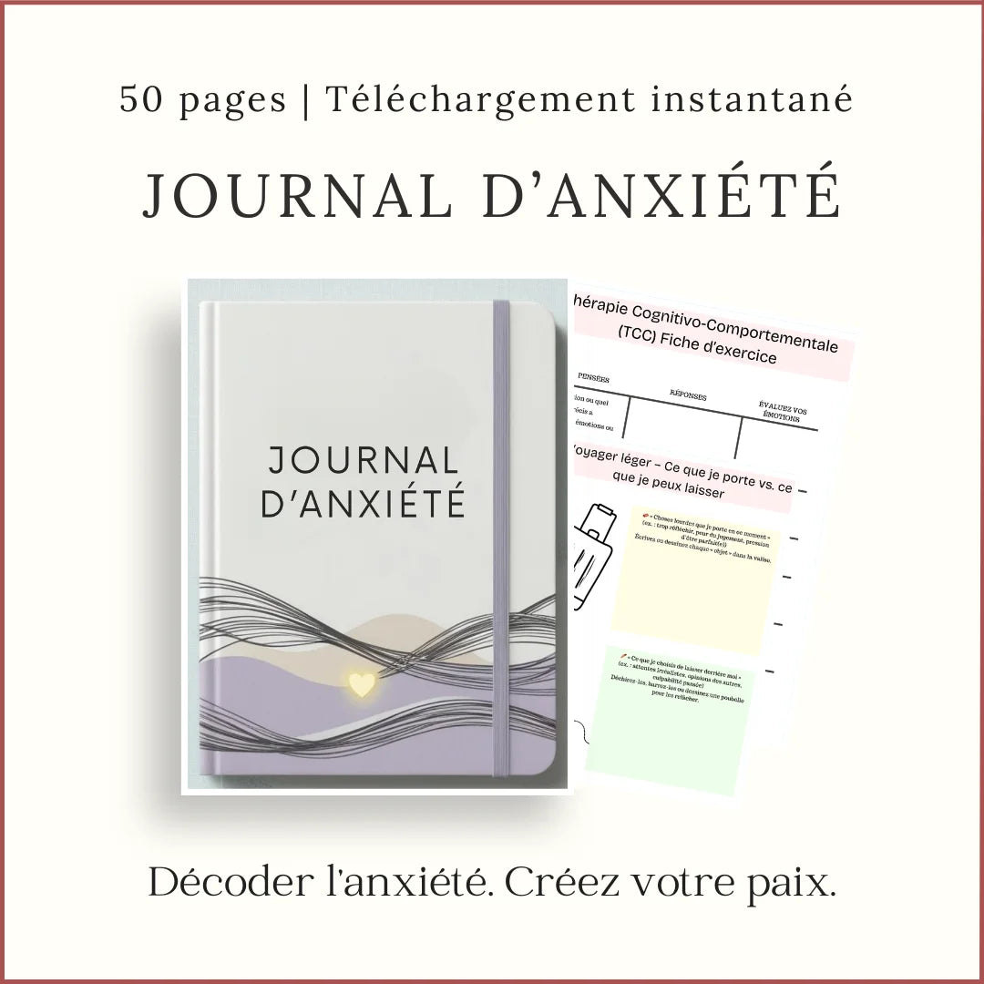 Journal d’anxiété imprimable avec 50 pages guidées pour comprendre ses pensées et créer plus de sérénité.