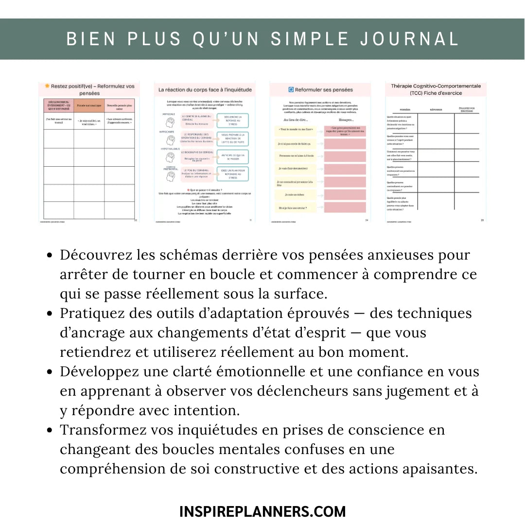 Ressource de santé mentale avec fiches de thérapie cognitivo-comportementale pour gérer l’anxiété au quotidien.