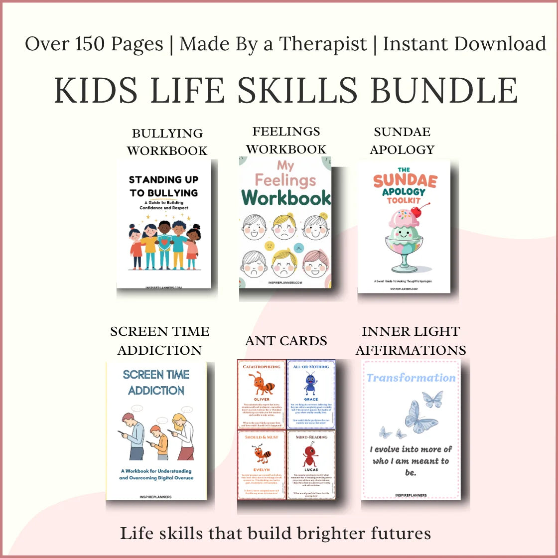 Kids life skills bundle with bullying workbook, feelings journal, screen time addiction, ANT cards, affirmations, and apology toolkit.