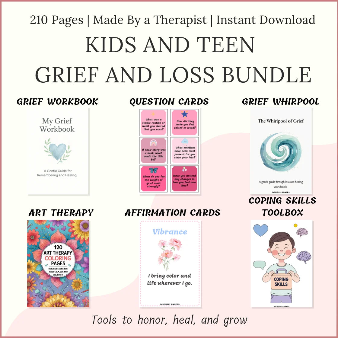 Kids and teen grief and loss printable bundle with workbook, question cards, coping skills toolbox, art therapy, and affirmations