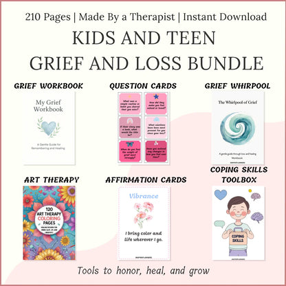 Kids and teen grief and loss printable bundle with workbook, question cards, coping skills toolbox, art therapy, and affirmations