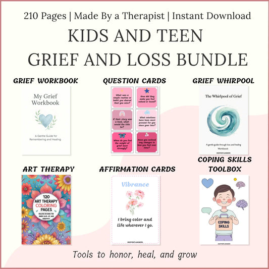 Kids and teen grief and loss printable bundle with workbook, question cards, coping skills toolbox, art therapy, and affirmations