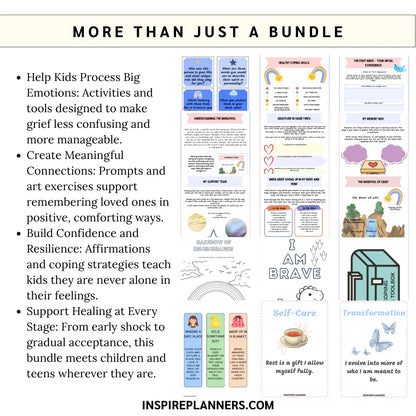 Complete kids and teen grief and loss printable bundle — includes workbooks, affirmation cards, coping toolbox, and art therapy