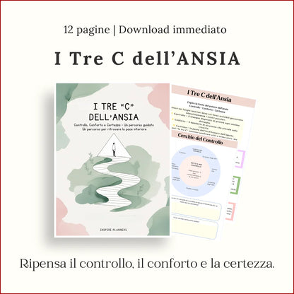 Quaderno Le tre C dell’ansia in italiano, con copertina illustrata e schede su controllo, conforto, certezza e cerchio del controllo.