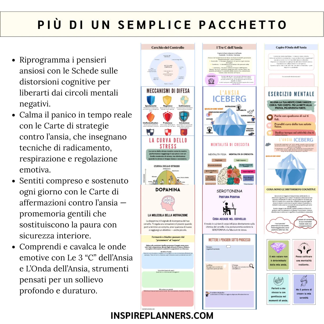 Anteprima degli esercizi del Mega Pacchetto Ansia in italiano, con schede sui pensieri, strategie di coping e affermazioni.