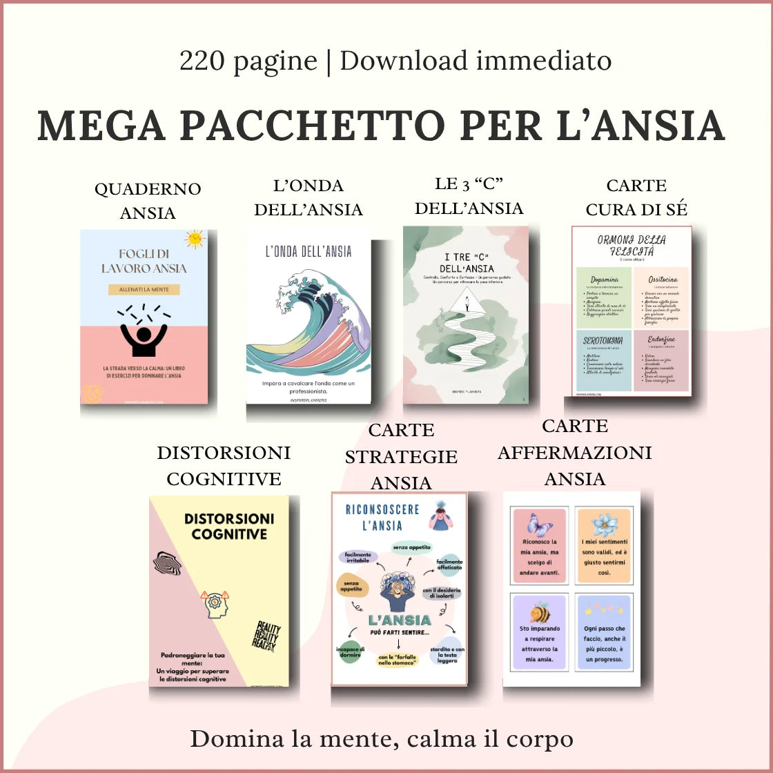 Mega Pacchetto Ansia di Inspire Planners: panoramica di sette risorse stampabili in italiano, con quaderni, guide e carte.