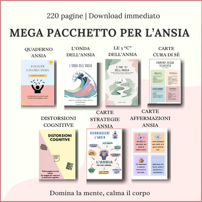 Mega Pacchetto Ansia di Inspire Planners: panoramica di sette risorse stampabili in italiano, con quaderni, guide e carte.