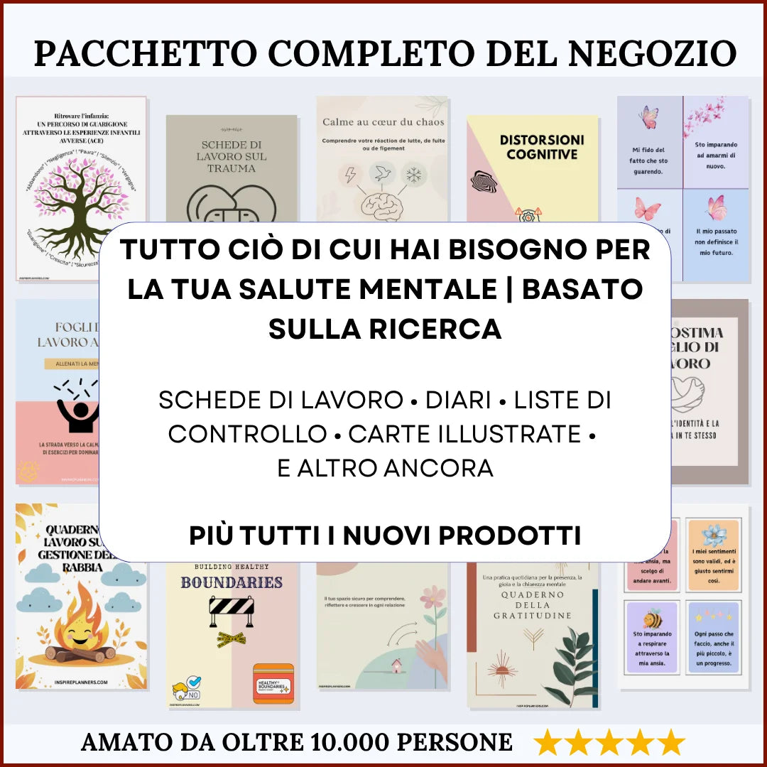 Mega Pacchetto dell’Intero Negozio di Inspire Planners: collage di quaderni, diari e carte per la salute mentale in italiano.