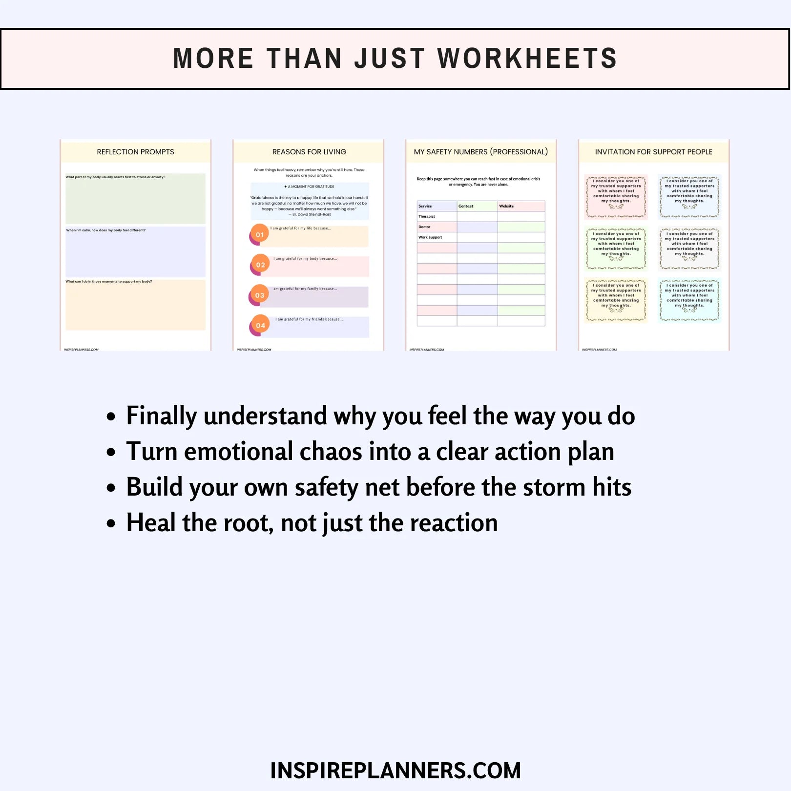 More than just worksheets – Inspire Planners mental health resources with reflection prompts, reasons for living, safety plan templates, and emotional support tools.