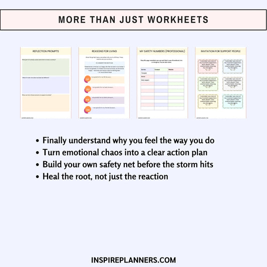 More than just worksheets – Inspire Planners mental health resources with reflection prompts, reasons for living, safety plan templates, and emotional support tools.