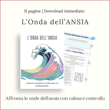 Quaderno L’onda dell’ansia in italiano, con copertina a onde colorate e schede per riconoscere e attraversare il picco dell’ansia.