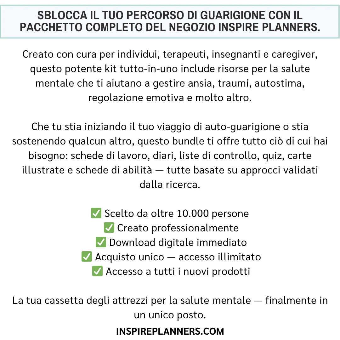 Presentazione del pacchetto completo in italiano: risorse per la salute mentale, download immediato, accesso illimitato e nuovi prodotti inclusi.