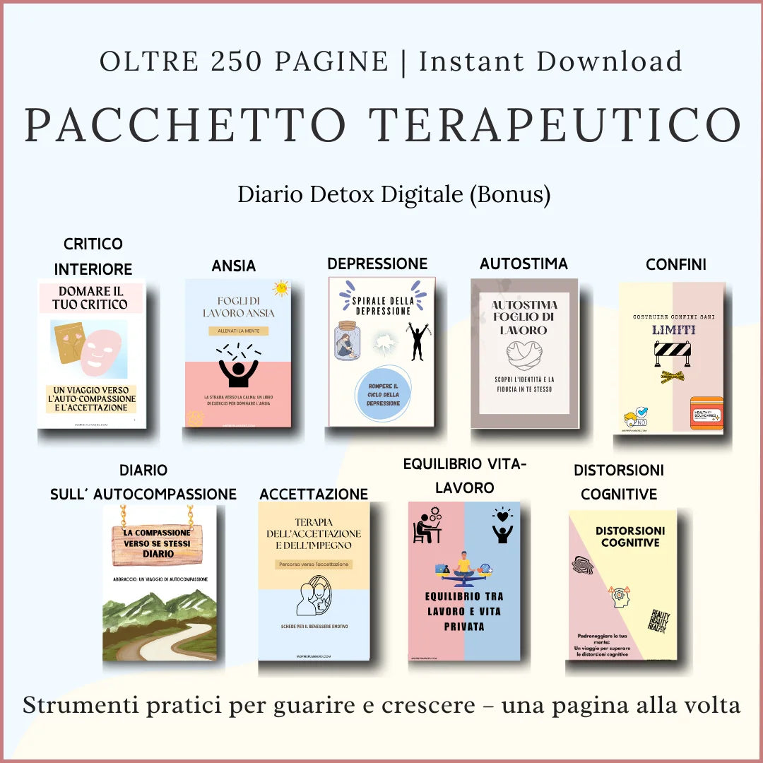 Pacchetto Terapeutico di Inspire Planners: copertine di 9 quaderni stampabili in italiano su ansia, autostima e benessere emotivo.