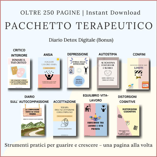 Pacchetto Terapeutico di Inspire Planners: copertine di 9 quaderni stampabili in italiano su ansia, autostima e benessere emotivo.