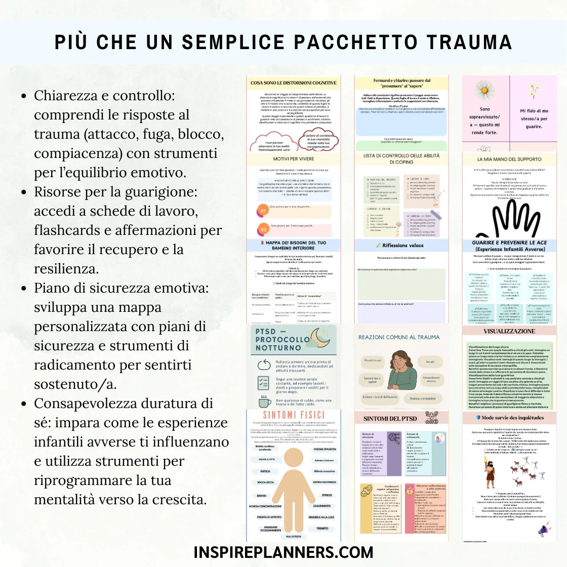 Pacchetto completo sul trauma in italiano con schede, carte e affermazioni per chiarezza, guarigione e resilienza duratura.