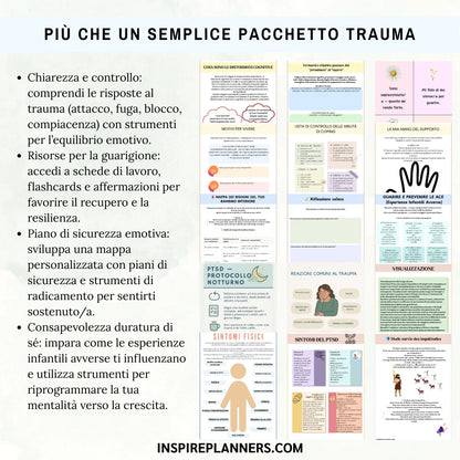 Pacchetto completo sul trauma in italiano con schede, carte e affermazioni per chiarezza, guarigione e resilienza duratura.