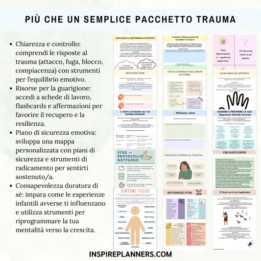 Pacchetto completo sul trauma in italiano con schede, carte e affermazioni per chiarezza, guarigione e resilienza duratura.
