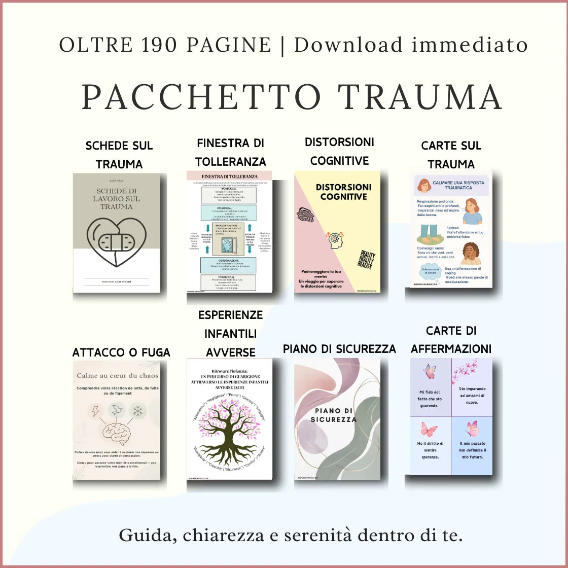 Pacchetto trauma in italiano con oltre 190 pagine di risorse per guarigione, resilienza emotiva e autoregolazione.