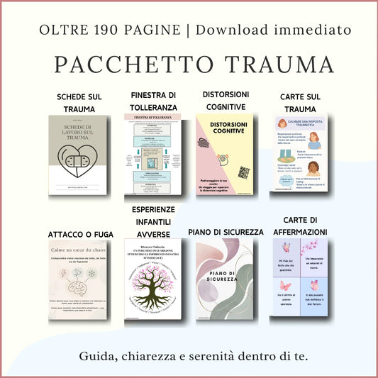 Pacchetto trauma in italiano con oltre 190 pagine di risorse per guarigione, resilienza emotiva e autoregolazione.