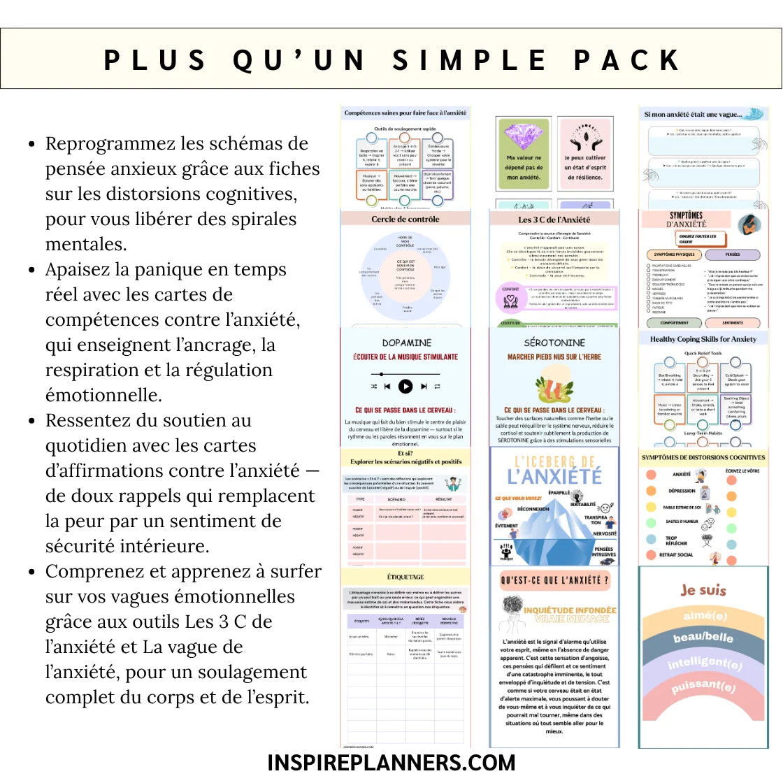 Aperçu du Pack Anxiété Méga : 7 ressources TCC, guides et cartes d'anxiété à imprimer (A4).