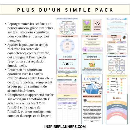 Aperçu du Pack Anxiété Méga : 7 ressources TCC, guides et cartes d'anxiété à imprimer (A4).