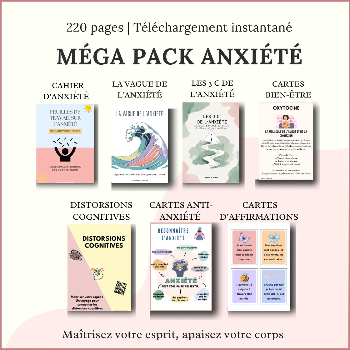 Pack Anxiété Méga : 220+ pages de fiches TCC et d'ancrage à imprimer contre l'anxiété.