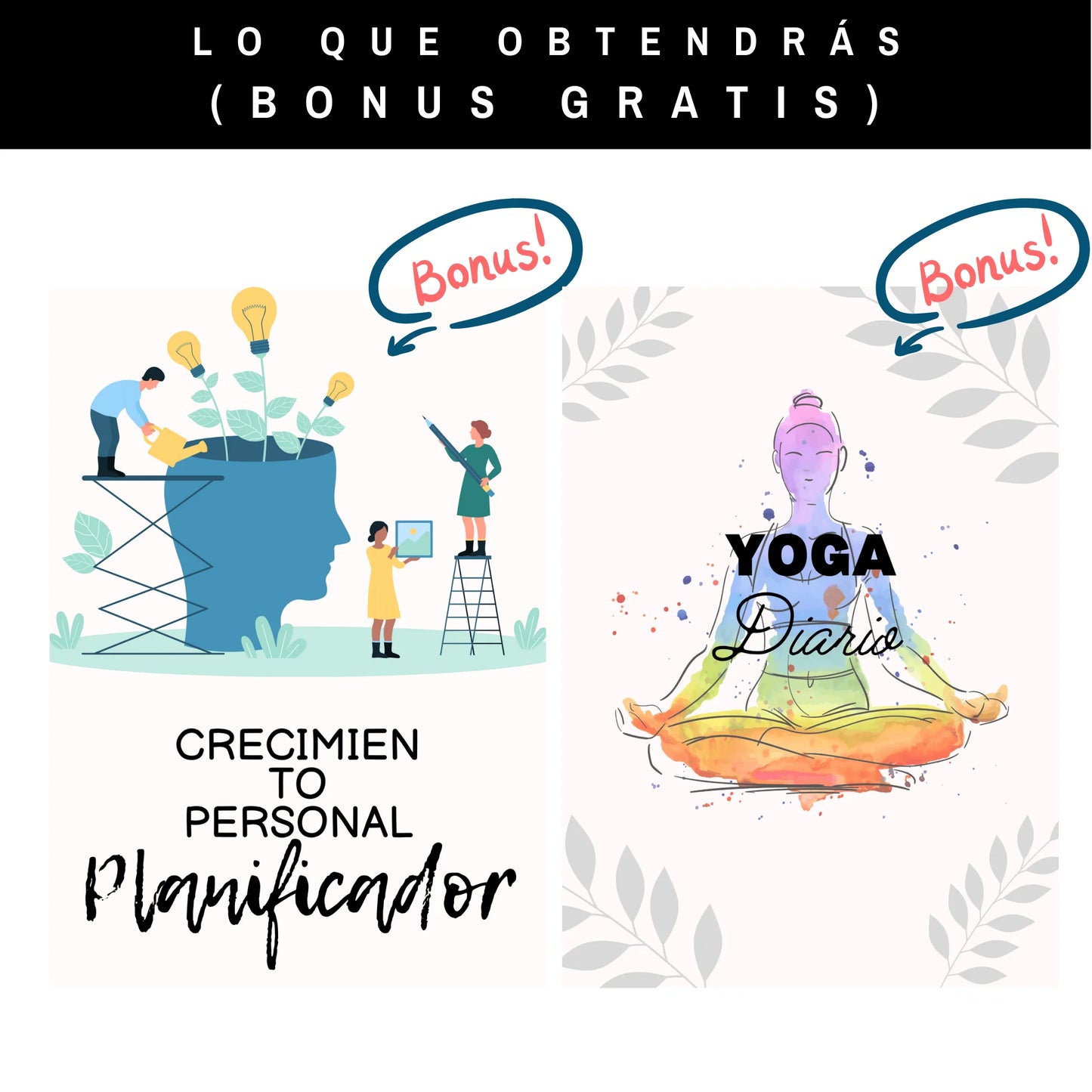 Planificador de autocuidado y diario de yoga en español incluidos como bonus imprimibles para bienestar y equilibrio.