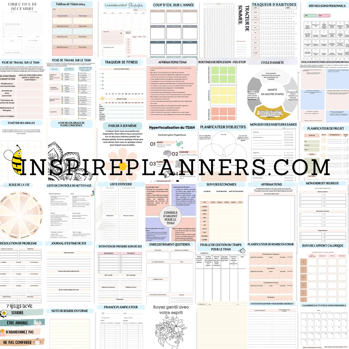 Mosaïque de pages du planificateur TDAH en français : organisation du temps, objectifs, sommeil, habitudes, budget et soin de soi.