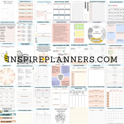 Mosaïque de pages du planificateur TDAH en français : organisation du temps, objectifs, sommeil, habitudes, budget et soin de soi.