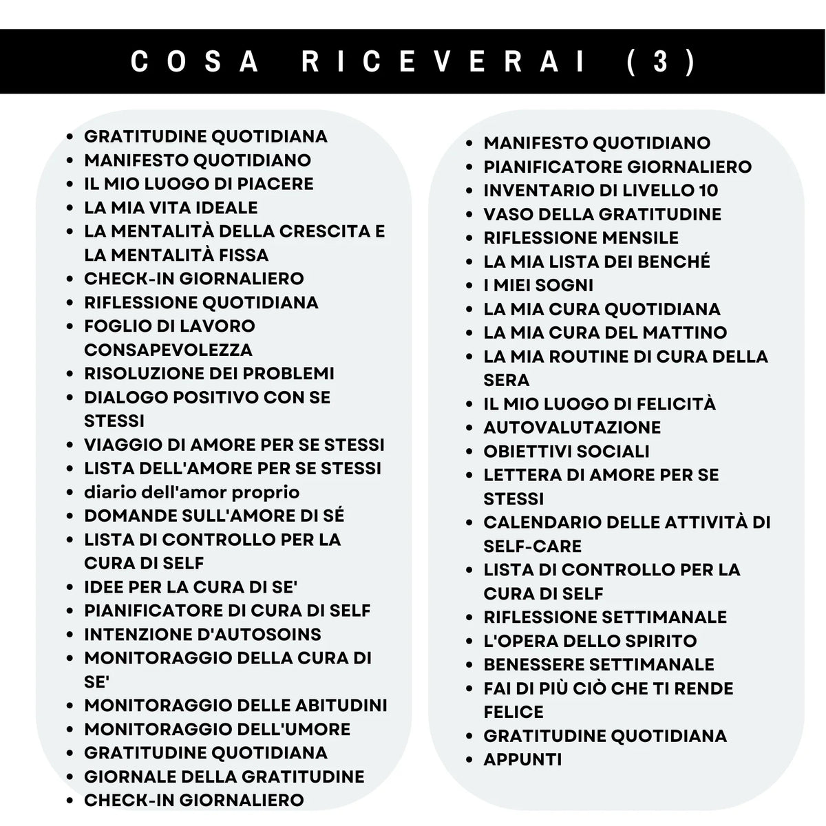 Contenuti del planner ADHD, parte 3: gratitudine, riflessione personale, routine del mattino e della sera ed esercizi di cura di sé.