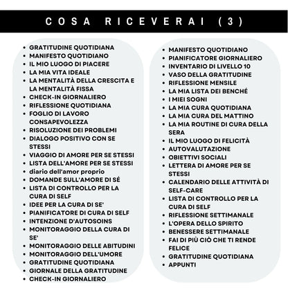 Contenuti del planner ADHD, parte 3: gratitudine, riflessione personale, routine del mattino e della sera ed esercizi di cura di sé.