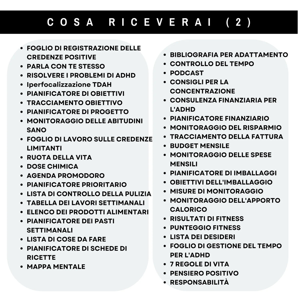 Contenuti del planner ADHD, parte 2: gestione del tempo, obiettivi, progetti, budget, pasti, attività fisica e organizzazione domestica.