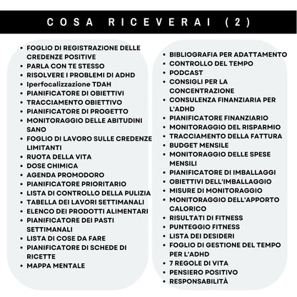 Contenuti del planner ADHD, parte 2: gestione del tempo, obiettivi, progetti, budget, pasti, attività fisica e organizzazione domestica.