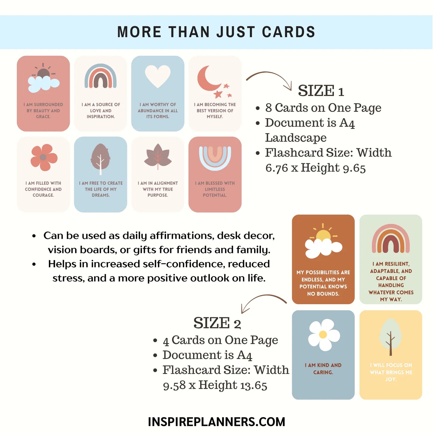 Printable affirmation cards set with two sizes, daily positive quotes for desk decor, vision boards, self-confidence, and stress reduction