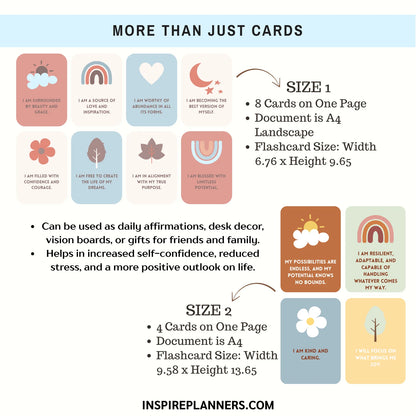 Printable affirmation cards set with two sizes, daily positive quotes for desk decor, vision boards, self-confidence, and stress reduction