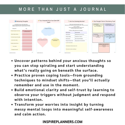 Printable Anxiety Journal with CBT worksheets, coping skills worksheets, and mood tracker pages for anxiety relief, self-awareness, and mental health support.