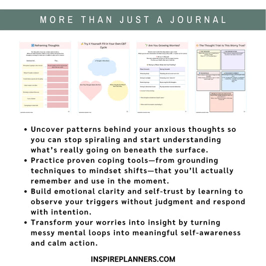 Printable Anxiety Journal with CBT worksheets, coping skills worksheets, and mood tracker pages for anxiety relief, self-awareness, and mental health support.