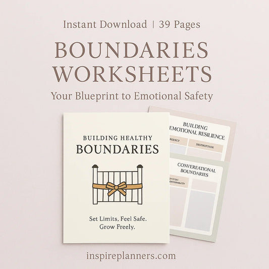 39 page printable Boundaries Worksheets for building healthy limits and emotional safety, A4 instant download PDF.