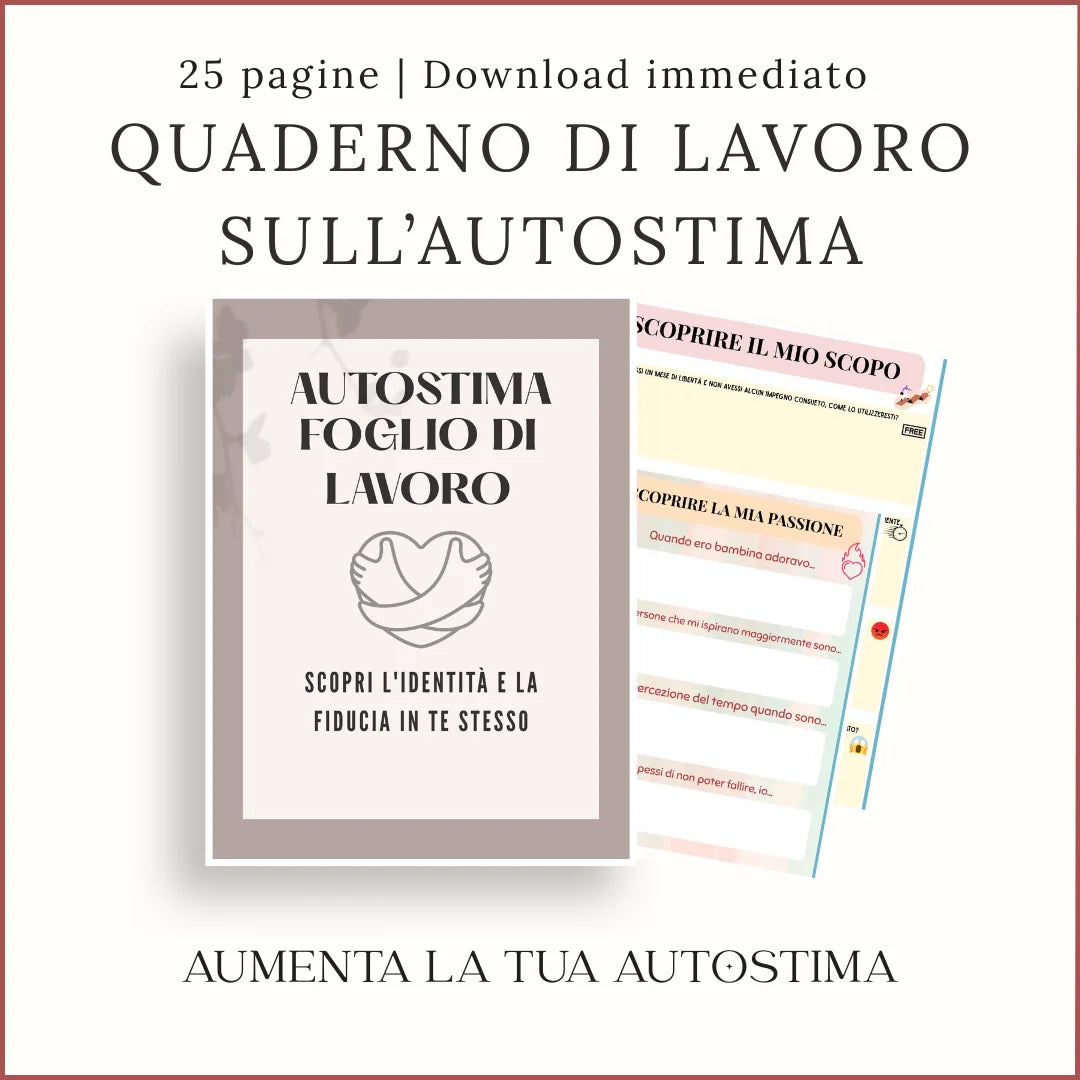 Quaderno sull’autostima in italiano, con copertina e schede stampabili per esplorare il proprio scopo e le proprie passioni.
