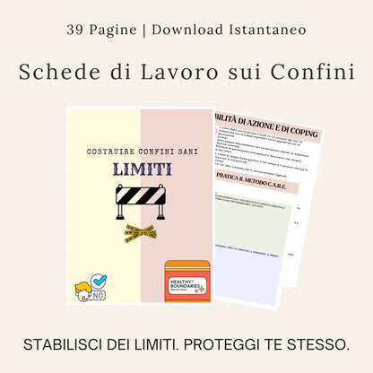 Quaderno sui confini personali in italiano, con copertina e anteprima delle schede sulle abilità di coping e sul metodo CARE.
