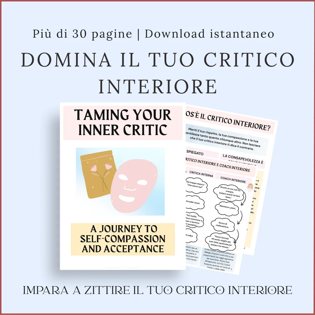 Quaderno sul critico interiore con copertina in inglese e anteprima degli esercizi in italiano sull’autocritica e la consapevolezza.