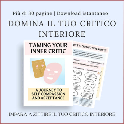 Quaderno sul critico interiore con copertina in inglese e anteprima degli esercizi in italiano sull’autocritica e la consapevolezza.