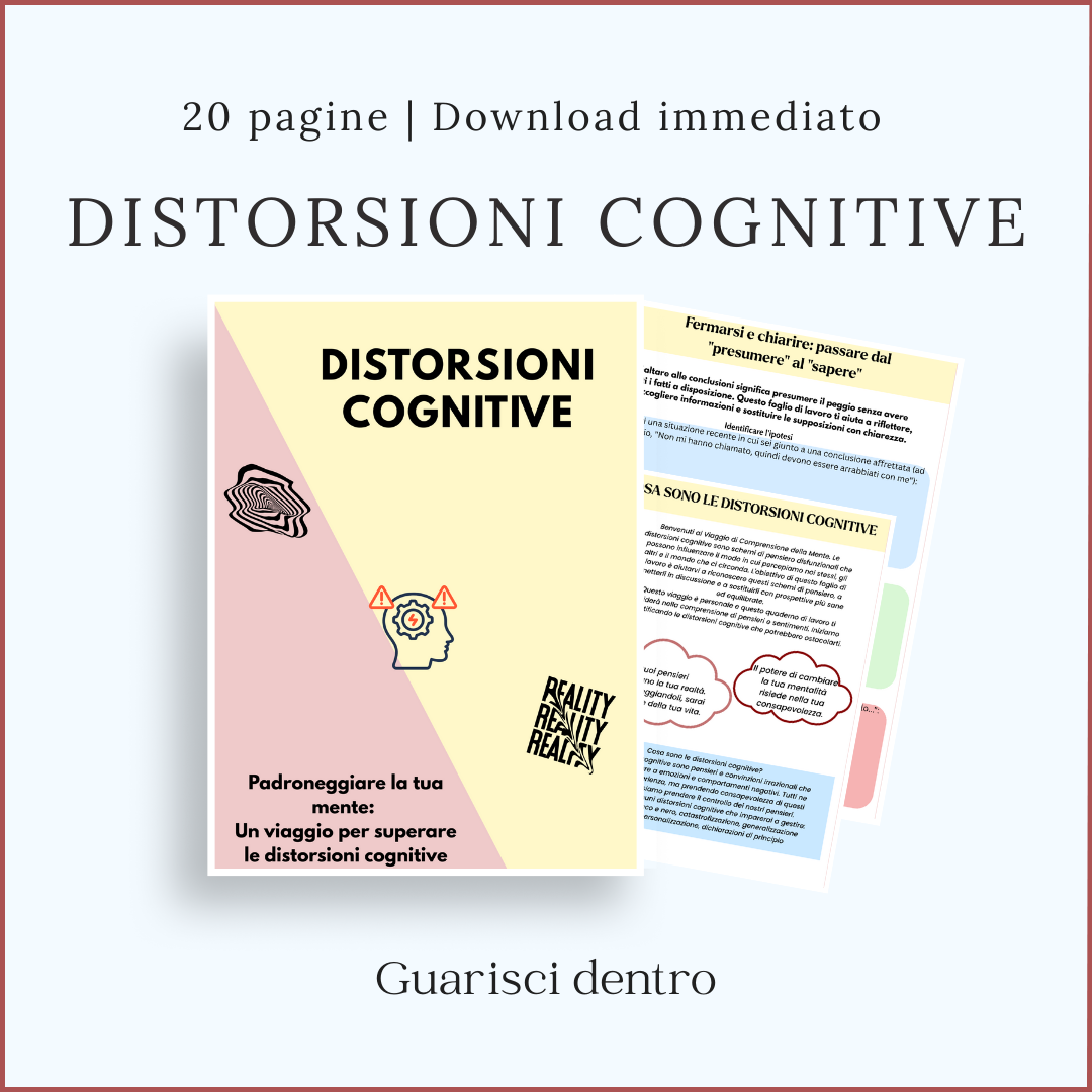 Quaderno sulle distorsioni cognitive in italiano, con copertina e anteprima delle schede sui pensieri e sulle emozioni.