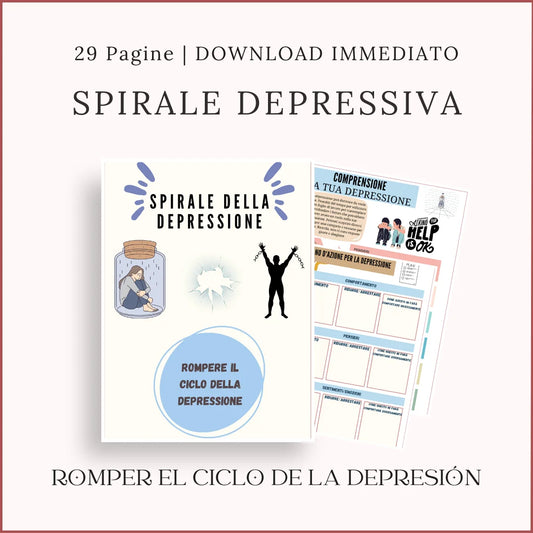 Quaderno sulla spirale della depressione in italiano, con copertina e anteprima delle schede per comprendere l’umore basso.