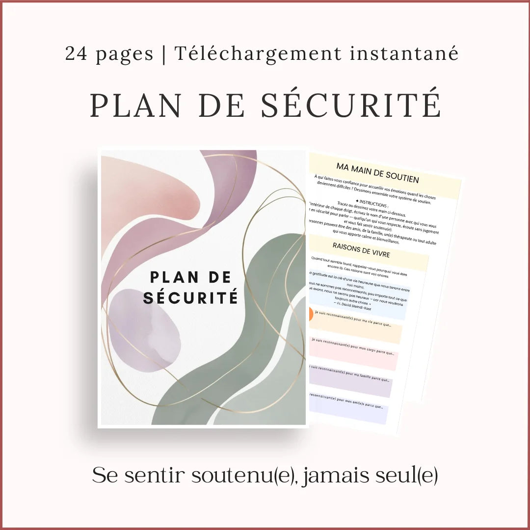 Plan de sécurité PDF en français – outil thérapeutique téléchargeable pour soutien émotionnel et prévention de crise.