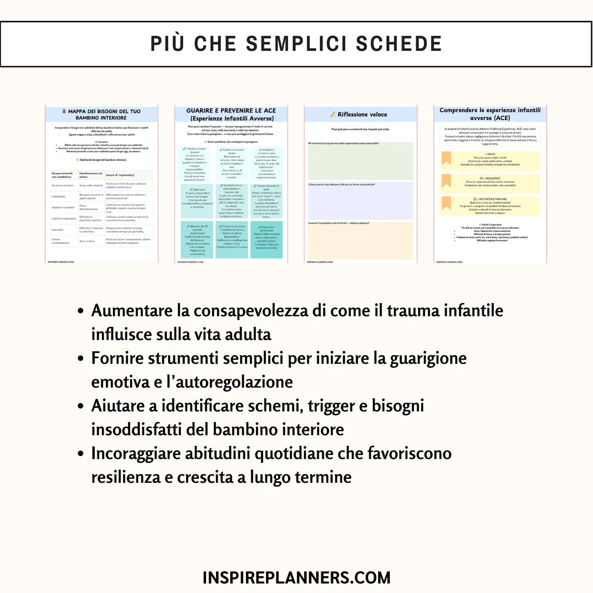 Anteprima delle schede sulle esperienze infantili avverse in italiano, con esercizi sui bisogni dell’infanzia e spazi di riflessione personale.